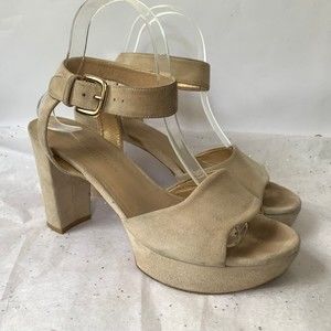 Stuart Weitzman Tan Suede Scallop Strap Platform Ankle Strap Sandal - Sz 8 WIDE